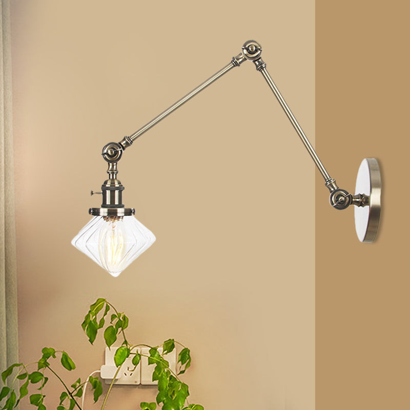 Avtoit | 1 Light Dining Room Wall Lamp Vintage Black/Bronze/Brass Wall Mounted Lamp with Diamond Clear/Amber Glass Shade, 8"+8"/8"+8"+8" L Adjustable Arm
