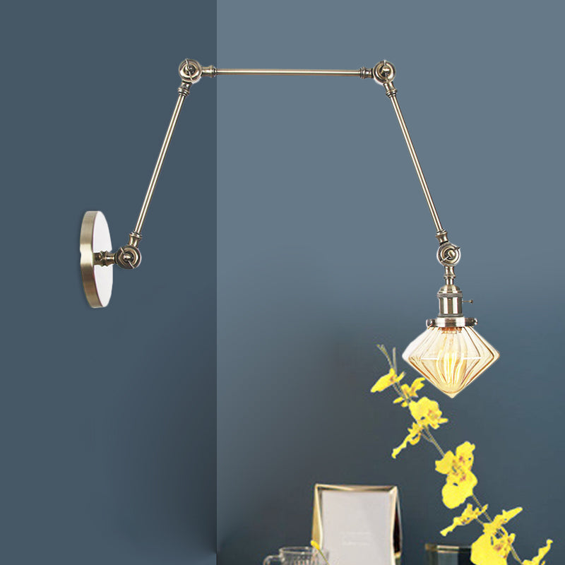 Avtoit | 1 Light Dining Room Wall Lamp Vintage Black/Bronze/Brass Wall Mounted Lamp with Diamond Clear/Amber Glass Shade, 8"+8"/8"+8"+8" L Adjustable Arm