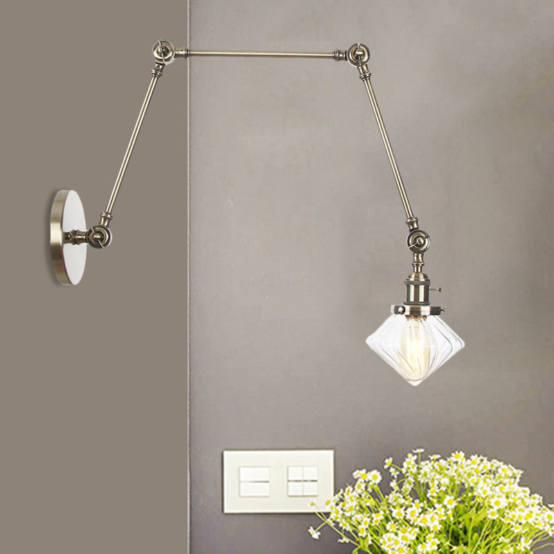 Avtoit | 1 Light Dining Room Wall Lamp Vintage Black/Bronze/Brass Wall Mounted Lamp with Diamond Clear/Amber Glass Shade, 8"+8"/8"+8"+8" L Adjustable Arm