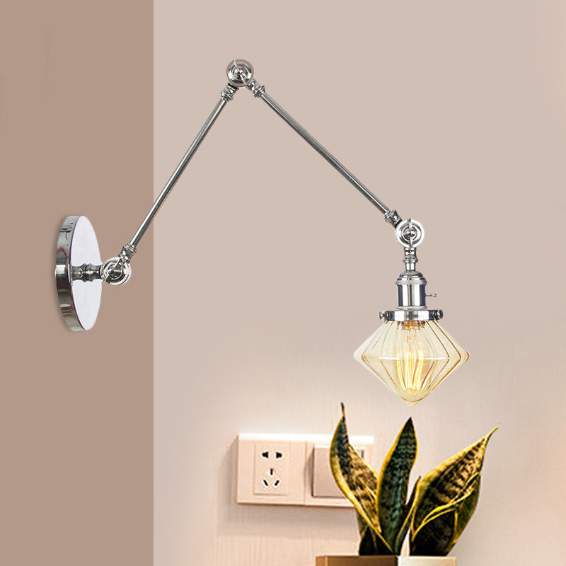 Avtoit | 1 Light Dining Room Wall Lamp Vintage Black/Bronze/Brass Wall Mounted Lamp with Diamond Clear/Amber Glass Shade, 8"+8"/8"+8"+8" L Adjustable Arm