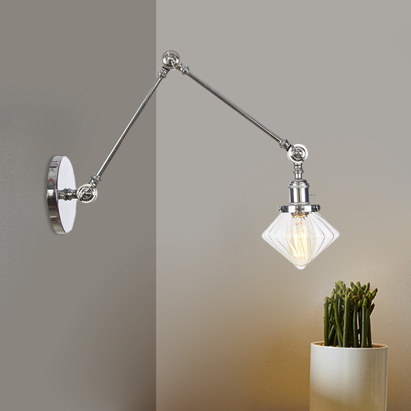 Avtoit | 1 Light Dining Room Wall Lamp Vintage Black/Bronze/Brass Wall Mounted Lamp with Diamond Clear/Amber Glass Shade, 8"+8"/8"+8"+8" L Adjustable Arm