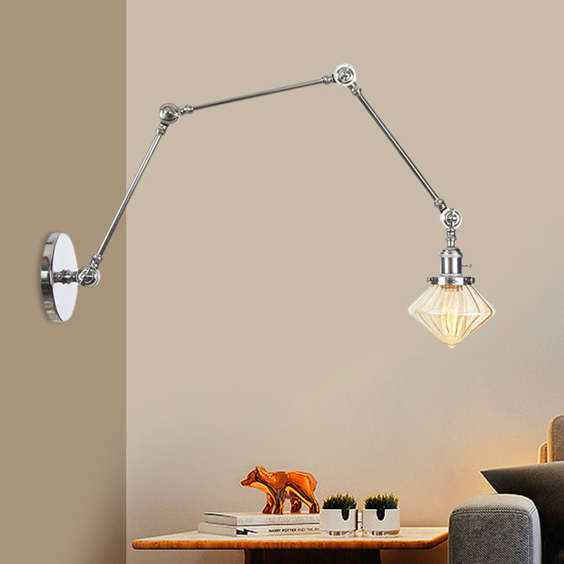 Avtoit | 1 Light Dining Room Wall Lamp Vintage Black/Bronze/Brass Wall Mounted Lamp with Diamond Clear/Amber Glass Shade, 8"+8"/8"+8"+8" L Adjustable Arm