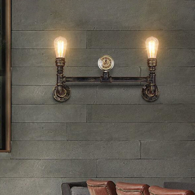 Avtoit | Iron Bronze Finish Wall Lamp Bare Bulb 2-Head Antiqued Sconce Lighting with Gauge Deco