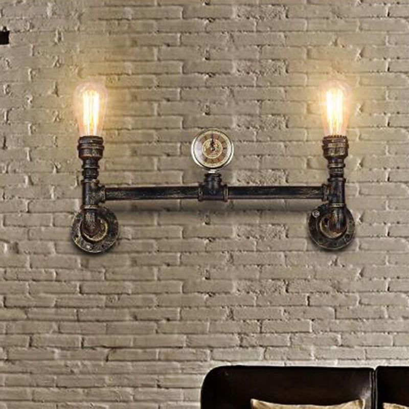 Avtoit | Iron Bronze Finish Wall Lamp Bare Bulb 2-Head Antiqued Sconce Lighting with Gauge Deco