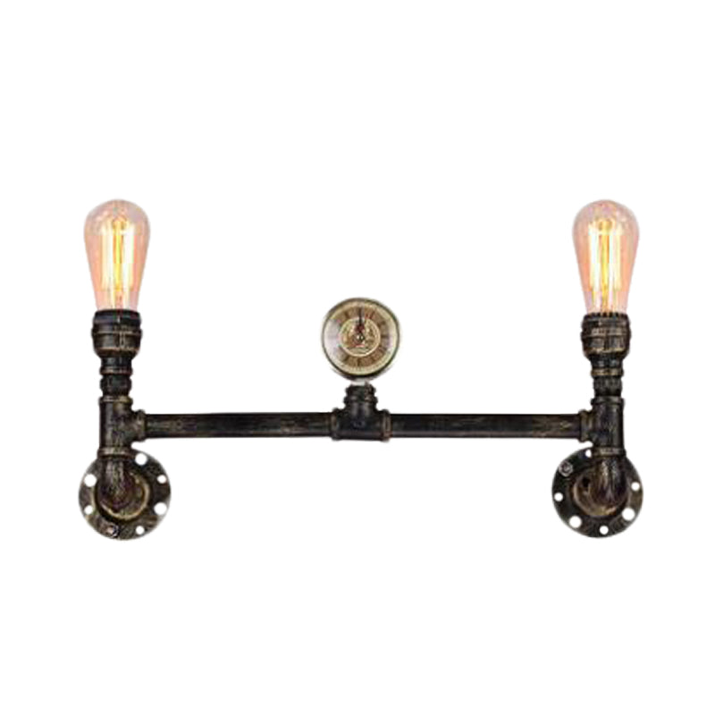Avtoit | Iron Bronze Finish Wall Lamp Bare Bulb 2-Head Antiqued Sconce Lighting with Gauge Deco