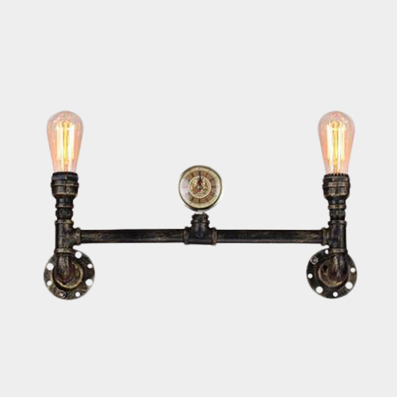Avtoit | Iron Bronze Finish Wall Lamp Bare Bulb 2-Head Antiqued Sconce Lighting with Gauge Deco