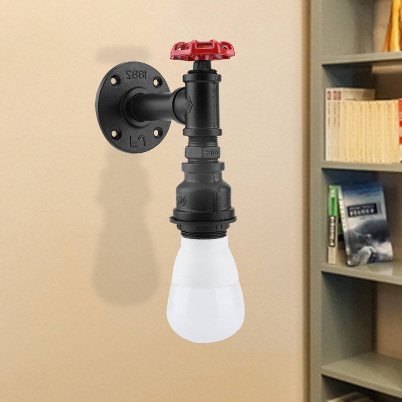 Avtoit | Black 1-Bulb Wall Lamp Farmhouse Iron Pipe Wall Mount Lighting with Red Valve Decoration for the Corner
