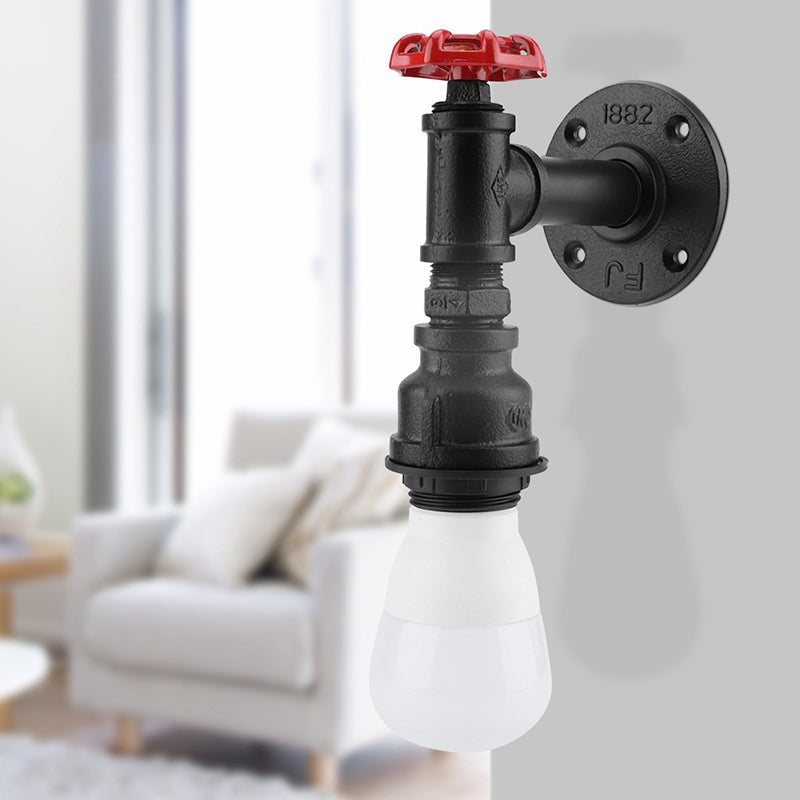 Avtoit | Black 1-Bulb Wall Lamp Farmhouse Iron Pipe Wall Mount Lighting with Red Valve Decoration for the Corner