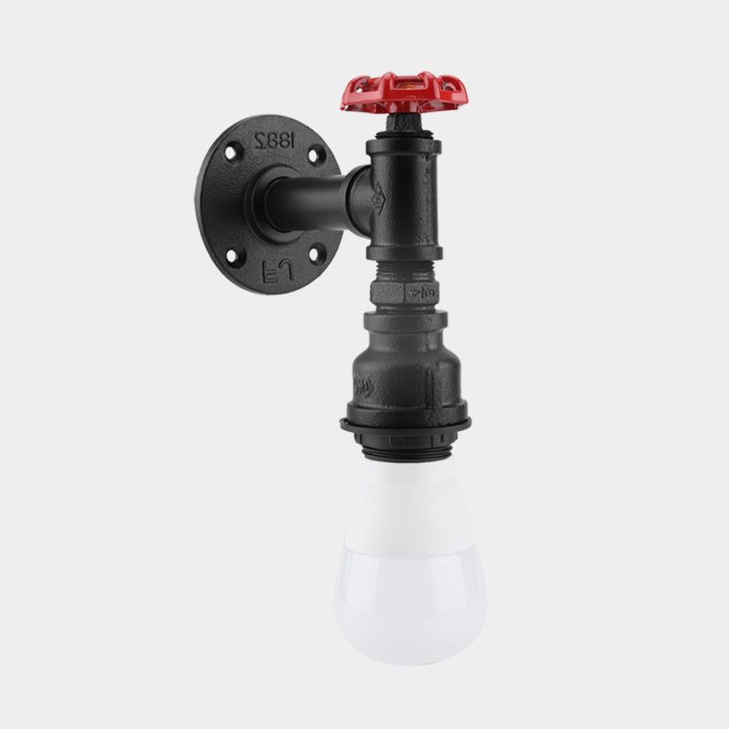 Avtoit | Black 1-Bulb Wall Lamp Farmhouse Iron Pipe Wall Mount Lighting with Red Valve Decoration for the Corner
