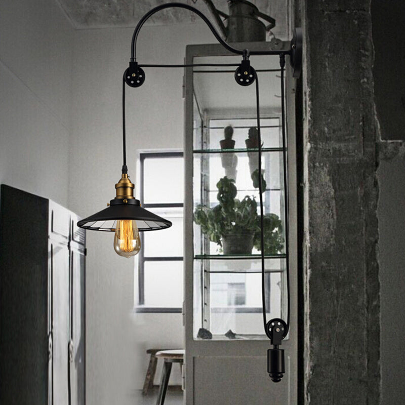 Avtoit | 1 Light Flared Pulley Wall Lamp Industrial Black Metallic Sconces Lamp with Gooseneck Arm