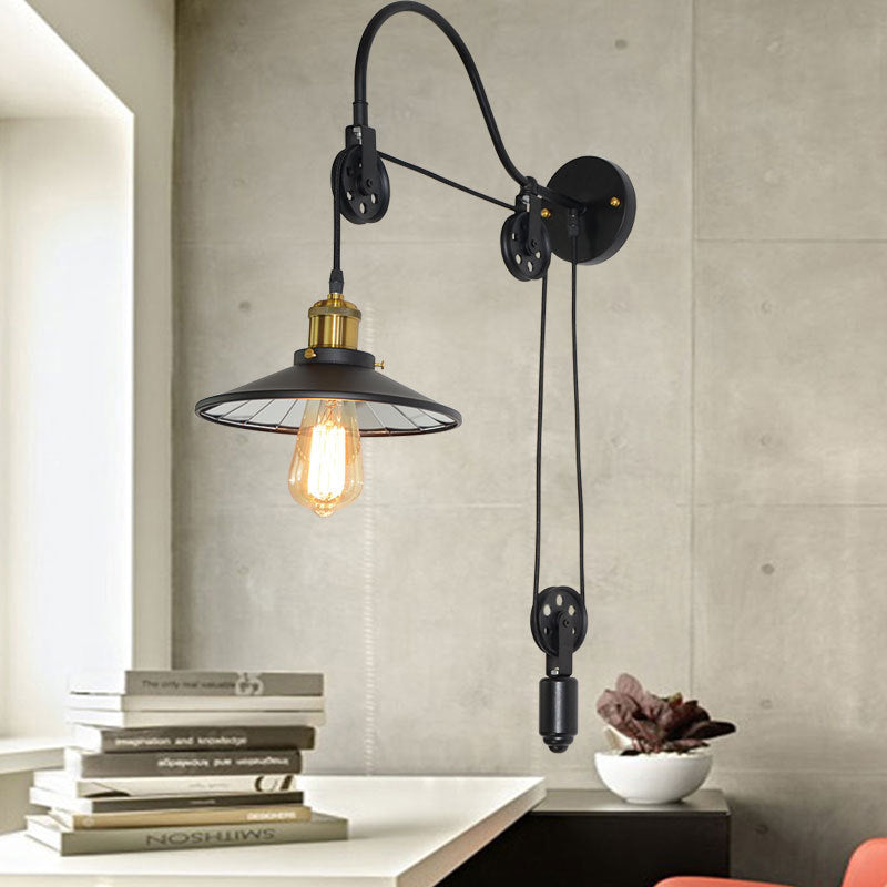 Avtoit | 1 Light Flared Pulley Wall Lamp Industrial Black Metallic Sconces Lamp with Gooseneck Arm