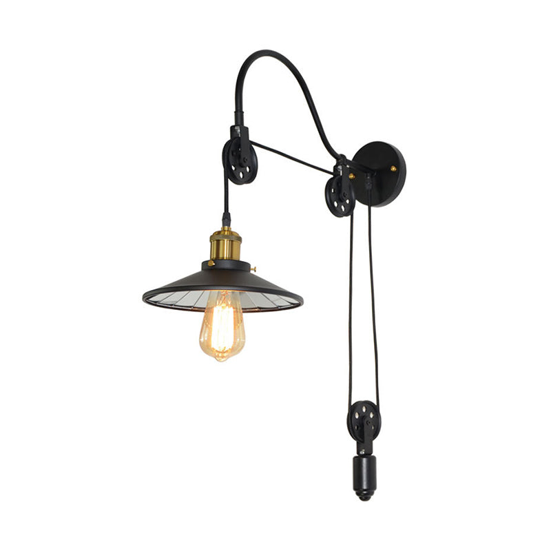 Avtoit | 1 Light Flared Pulley Wall Lamp Industrial Black Metallic Sconces Lamp with Gooseneck Arm