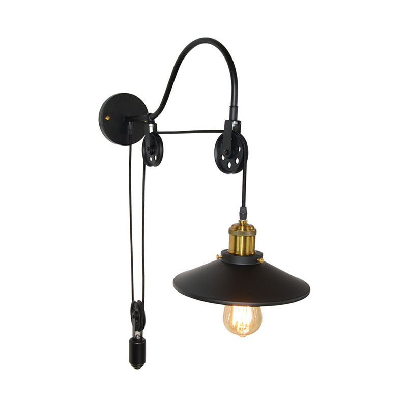 Avtoit | 1 Light Flared Pulley Wall Lamp Industrial Black Metallic Sconces Lamp with Gooseneck Arm