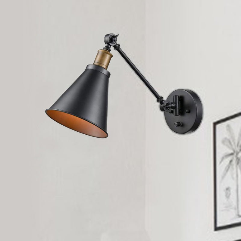 Avtoit | 1 Light Bulb Iron Wall Mount Vintage Black Swing Arm Living Room Wall Light Lamp with Cone Shade