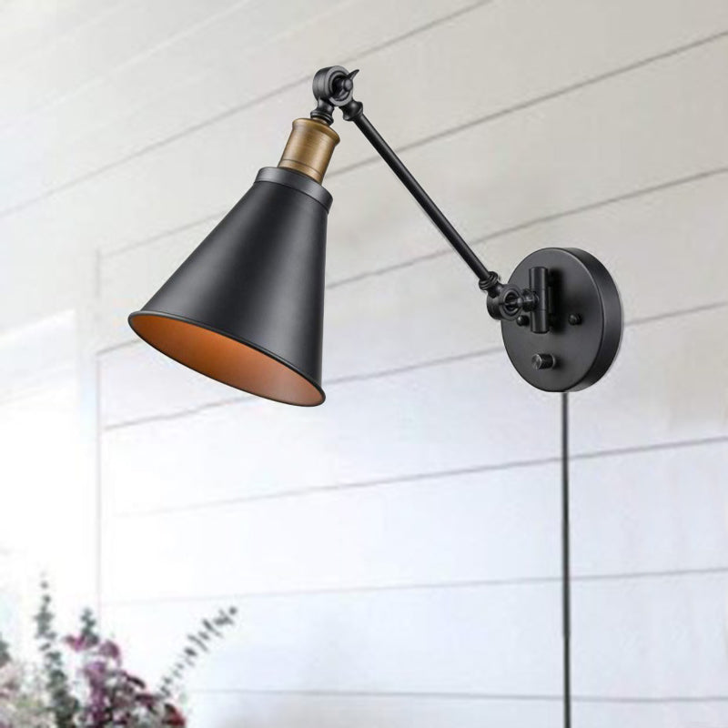 Avtoit | 1 Light Bulb Iron Wall Mount Vintage Black Swing Arm Living Room Wall Light Lamp with Cone Shade