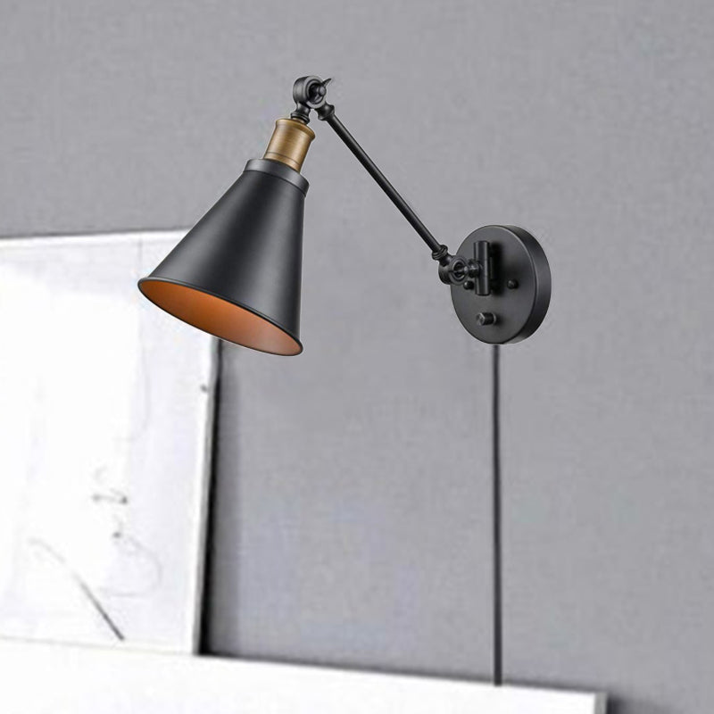 Avtoit | 1 Light Bulb Iron Wall Mount Vintage Black Swing Arm Living Room Wall Light Lamp with Cone Shade