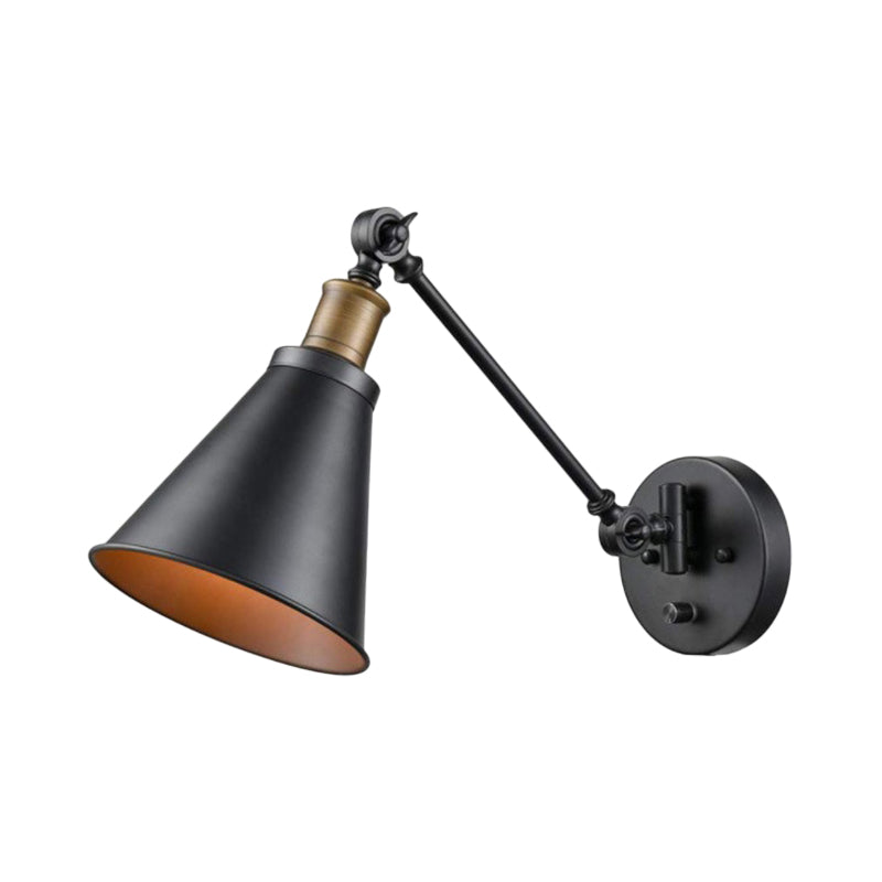 Avtoit | 1 Light Bulb Iron Wall Mount Vintage Black Swing Arm Living Room Wall Light Lamp with Cone Shade