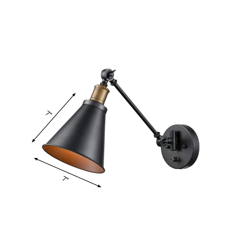 Avtoit | 1 Light Bulb Iron Wall Mount Vintage Black Swing Arm Living Room Wall Light Lamp with Cone Shade