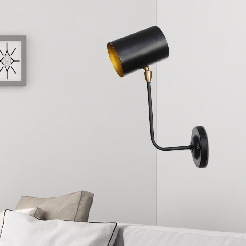 Avtoit | Antiqued Right Angle Arm Wall Lamp 1 Lamp 6"/10" T Iron Wall Mounted Light in Black and Inner Gold with Cylindrical Shade