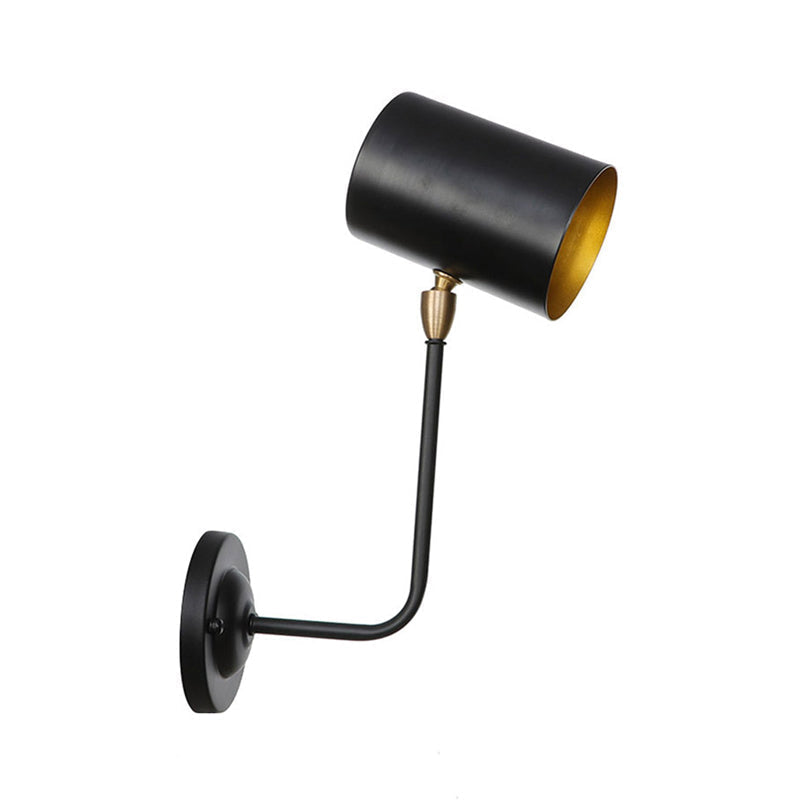 Avtoit | Antiqued Right Angle Arm Wall Lamp 1 Lamp 6"/10" T Iron Wall Mounted Light in Black and Inner Gold with Cylindrical Shade