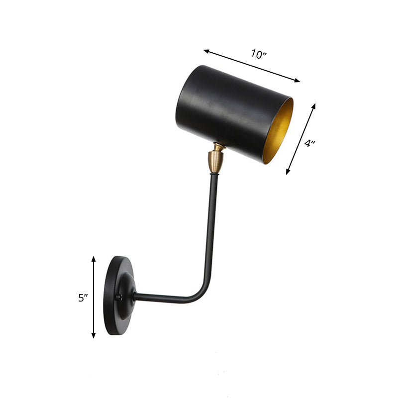 Avtoit | Antiqued Right Angle Arm Wall Lamp 1 Lamp 6"/10" T Iron Wall Mounted Light in Black and Inner Gold with Cylindrical Shade