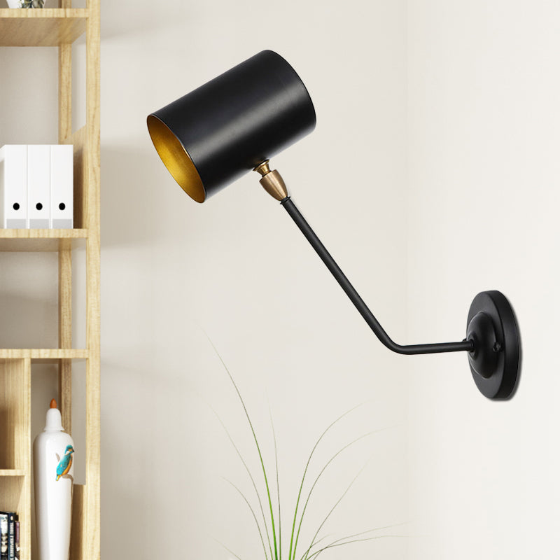 Avtoit | Metal cylindrical wall lamp sconce industrial 6"/10" high 1-light bedroom wall lamp fixture in black with sloping arm