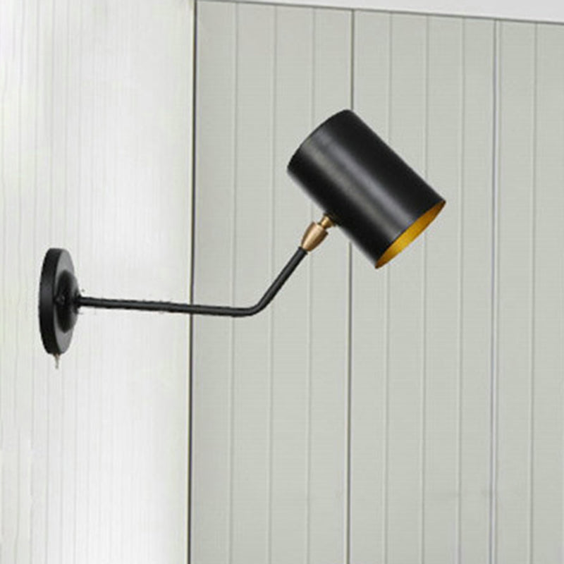 Avtoit | Right Angle Arm Iron Wall Light Vintage 1-Light Study Room Wall Mount Fixture in Black with Cylinder Shade, 6"/10" H