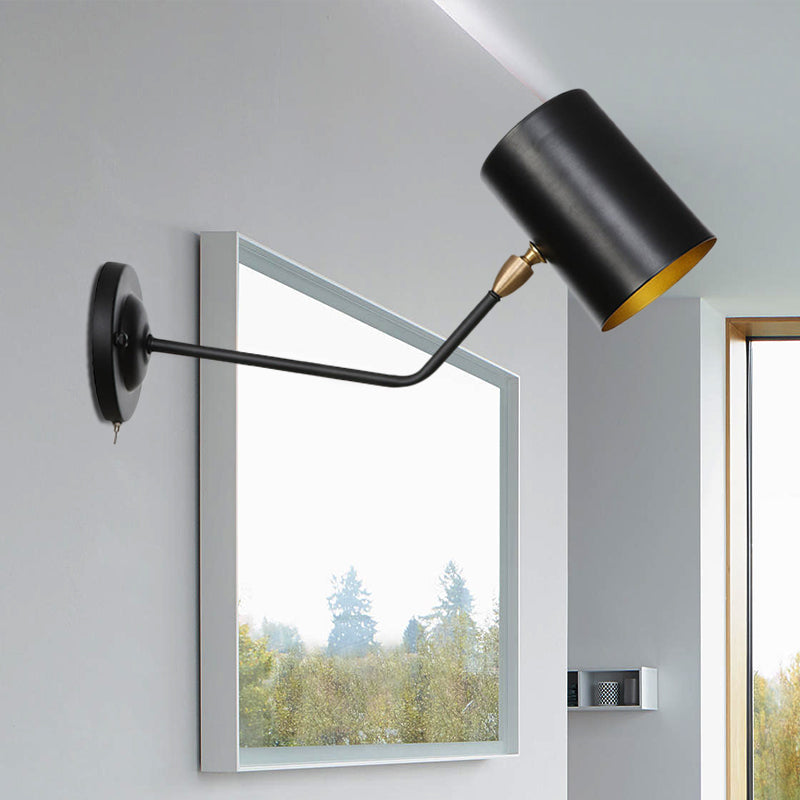 Avtoit | Right Angle Arm Iron Wall Light Vintage 1-Light Study Room Wall Mount Fixture in Black with Cylinder Shade, 6"/10" H