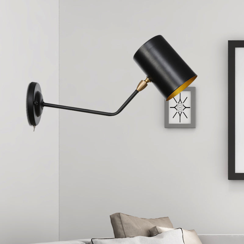 Avtoit | Right Angle Arm Iron Wall Light Vintage 1-Light Study Room Wall Mount Fixture in Black with Cylinder Shade, 6"/10" H