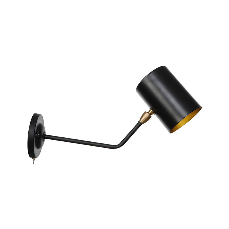 Avtoit | Right Angle Arm Iron Wall Light Vintage 1-Light Study Room Wall Mount Fixture in Black with Cylinder Shade, 6"/10" H
