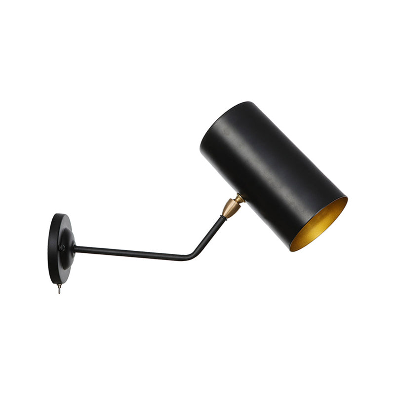 Avtoit | Right Angle Arm Iron Wall Light Vintage 1-Light Study Room Wall Mount Fixture in Black with Cylinder Shade, 6"/10" H