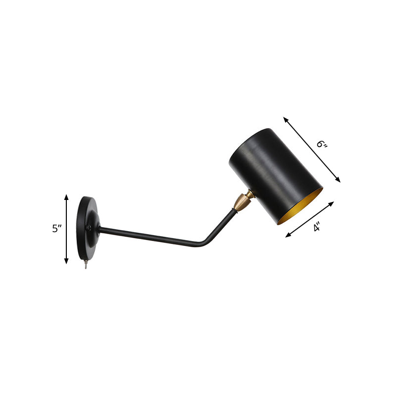 Avtoit | Right Angle Arm Iron Wall Light Vintage 1-Light Study Room Wall Mount Fixture in Black with Cylinder Shade, 6"/10" H