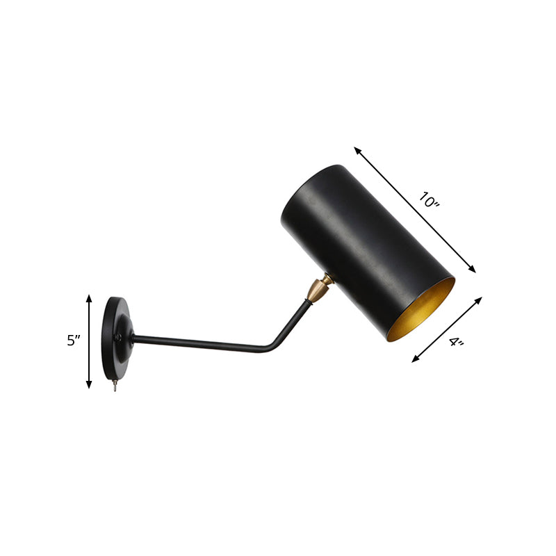 Avtoit | Right Angle Arm Iron Wall Light Vintage 1-Light Study Room Wall Mount Fixture in Black with Cylinder Shade, 6"/10" H