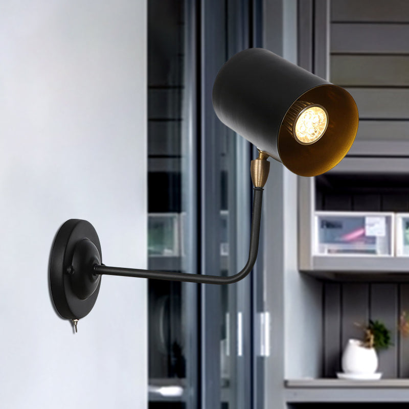 Avtoit | 1 Light Sconces Lighting Fixture Industrial Cylinder Metal Wall Lamp in Black with Curved Arm for Bedside