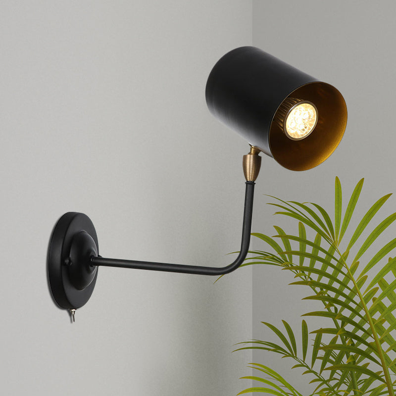 Avtoit | 1 Light Sconces Lighting Fixture Industrial Cylinder Metal Wall Lamp in Black with Curved Arm for Bedside
