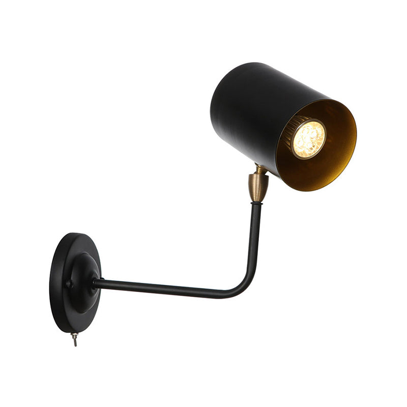 Avtoit | 1 Light Sconces Lighting Fixture Industrial Cylinder Metal Wall Lamp in Black with Curved Arm for Bedside