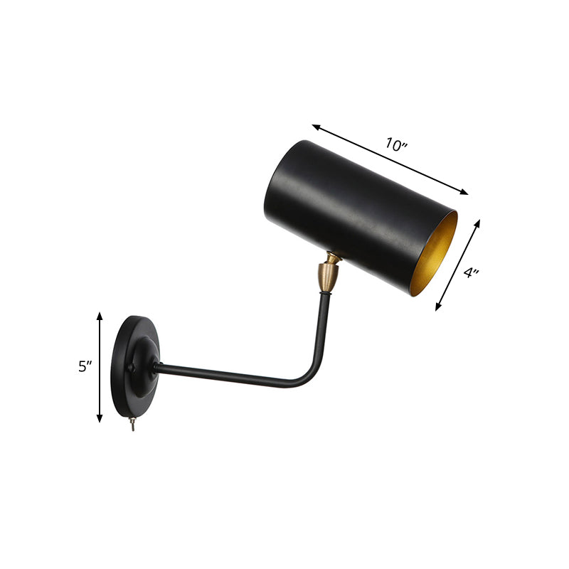 Avtoit | 1 Light Sconces Lighting Fixture Industrial Cylinder Metal Wall Lamp in Black with Curved Arm for Bedside