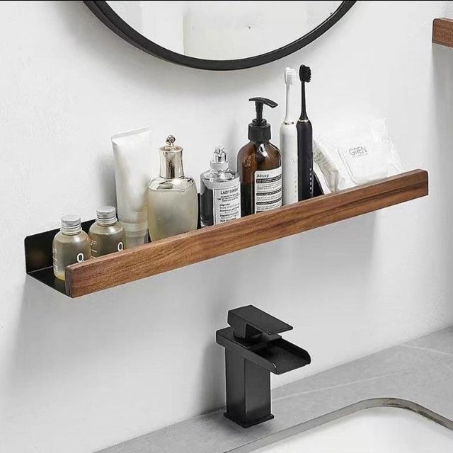 Avtoit | Solid Wood Bathroom Shelf – No-Drill Wall Mounted Bathroom Organiser