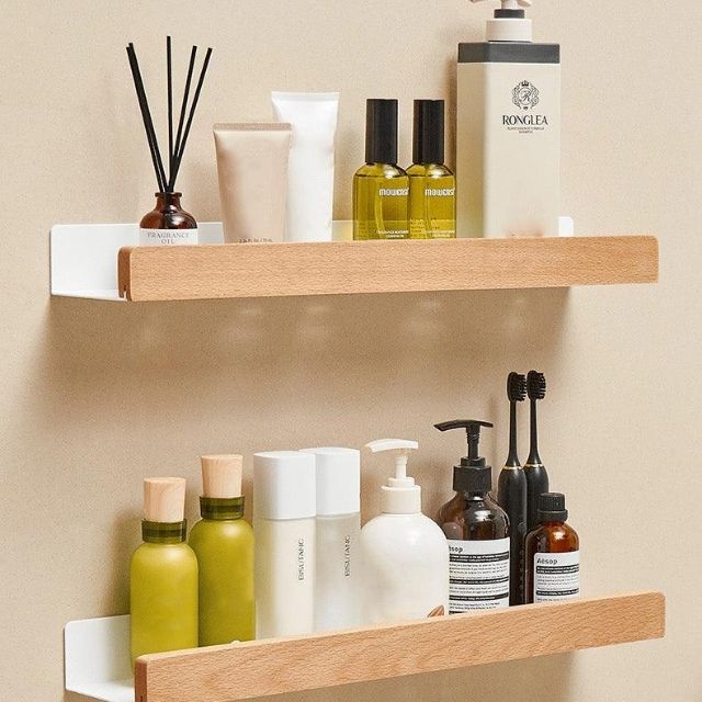 Avtoit | Solid Wood Bathroom Shelf – No-Drill Wall Mounted Bathroom Organiser