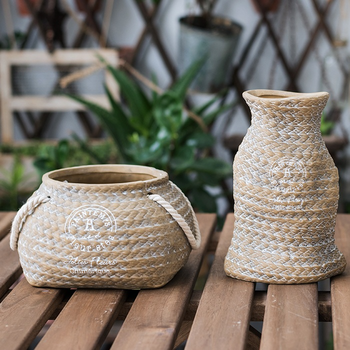 Avtoit | Ceramic Plant Pot in Hemp Bag Design with Rope Handles – Decorative Flower Pot for Garden and Home