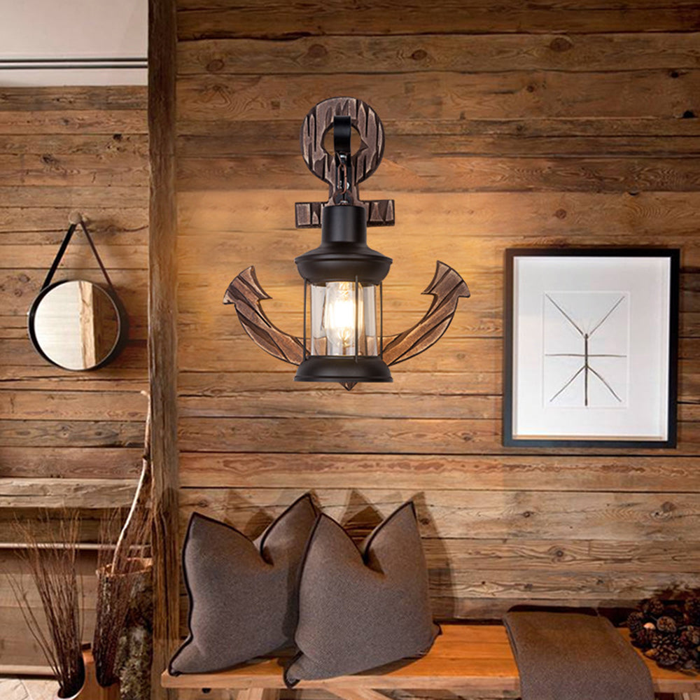 Avtoit | Rustic Wood Anchor Wall Lamp with Lantern