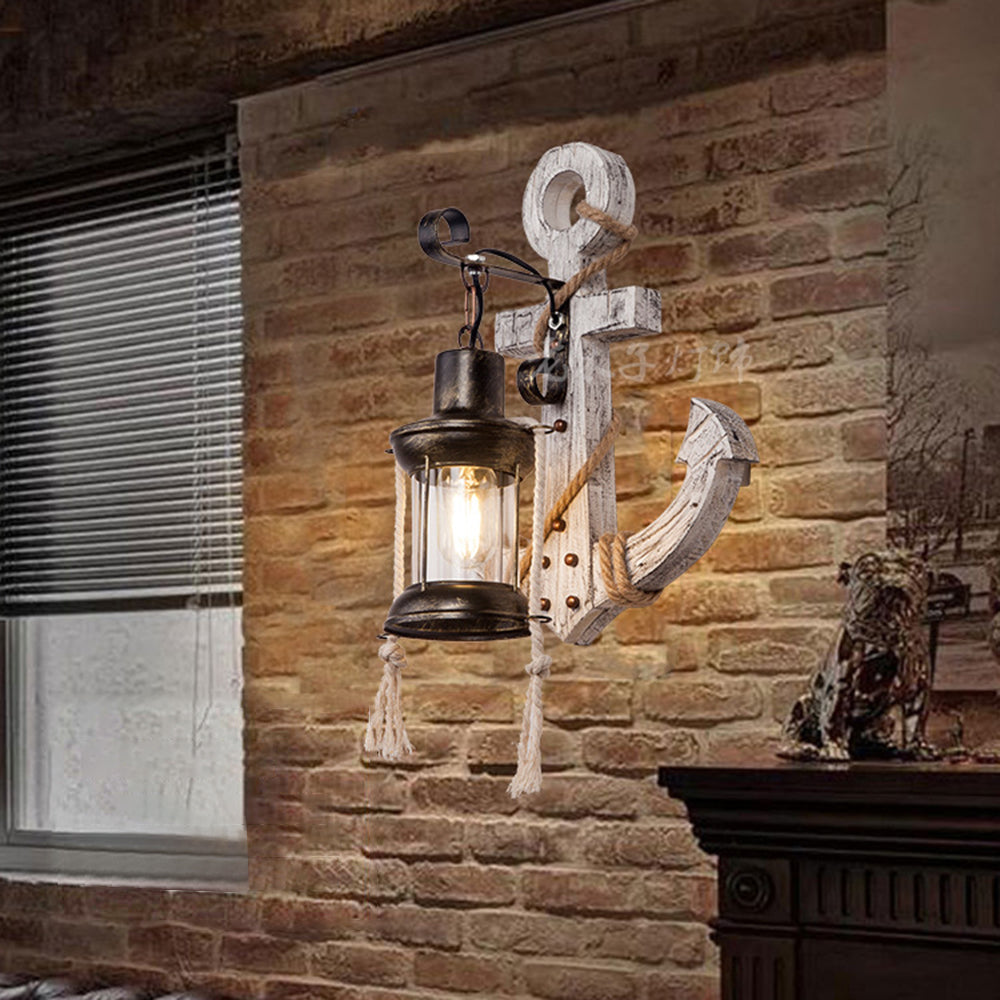 Avtoit | Rustic Wood Anchor Wall Lamp with Lantern