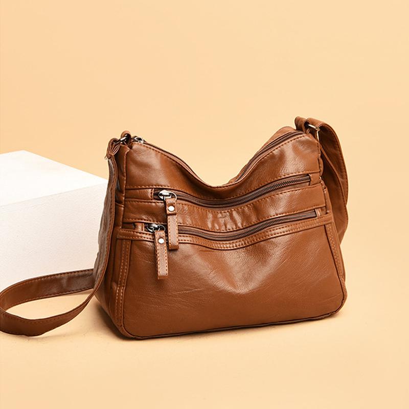 PU Leather Shoulder Bag with Zipper Pockets and Adjustable Strap