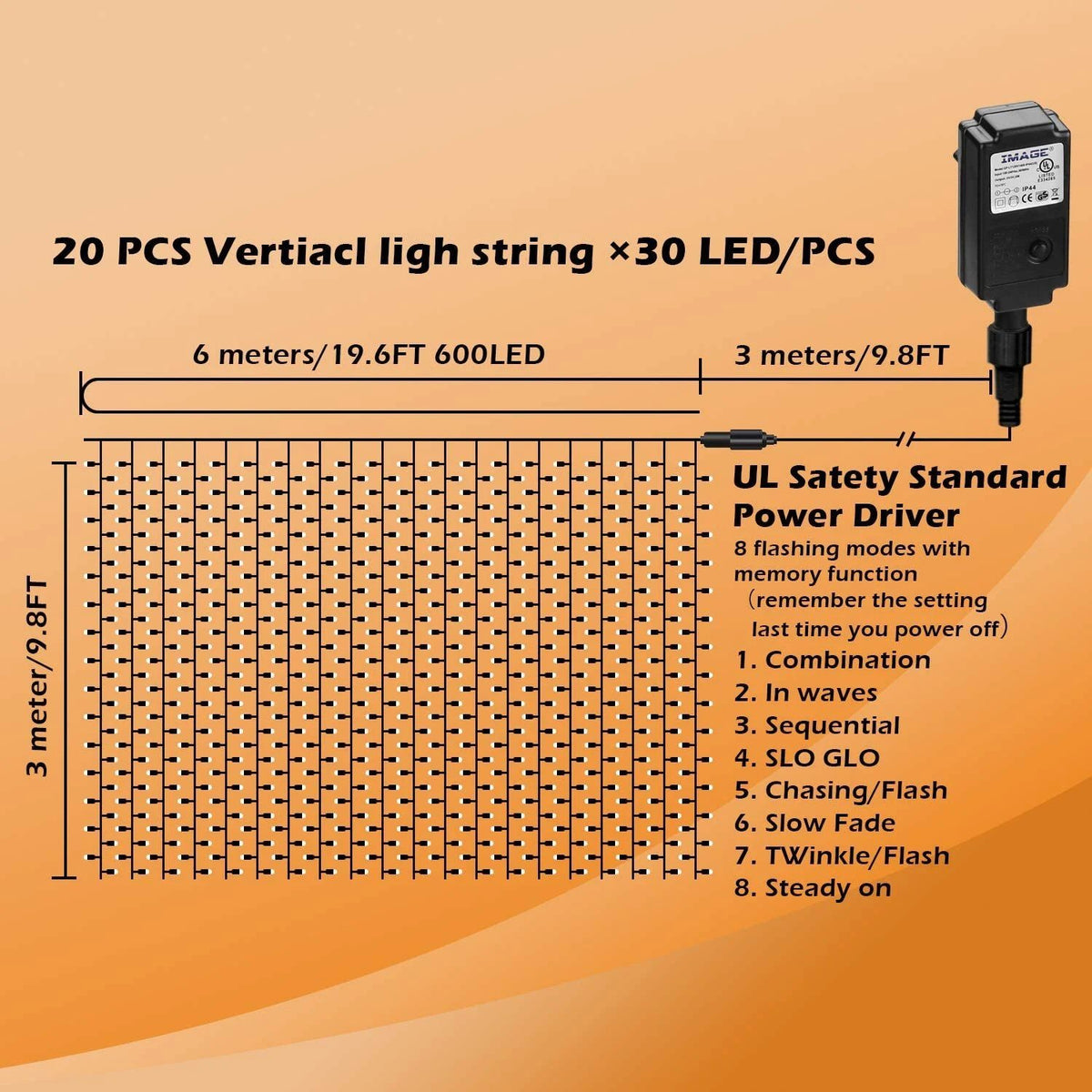 Avtoit | 600 LED 9.8 x 19.6 FT. LED curtain lights with 8 light modes and memory function