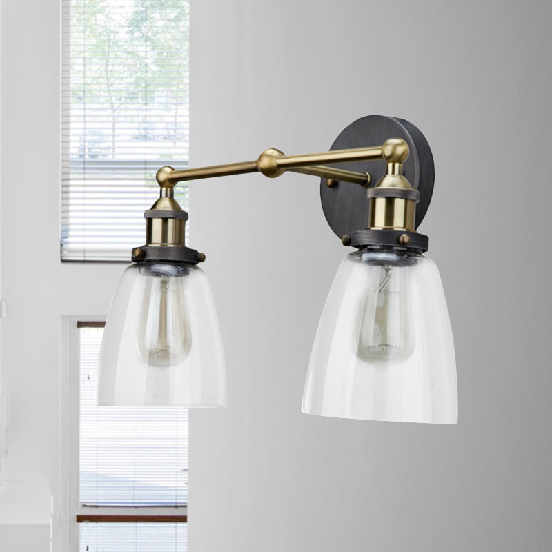 Avtoit | 2 Light Tapered Sconce Lighting Fixture Industrial Antique Brass Clear Glass Wall Lamp