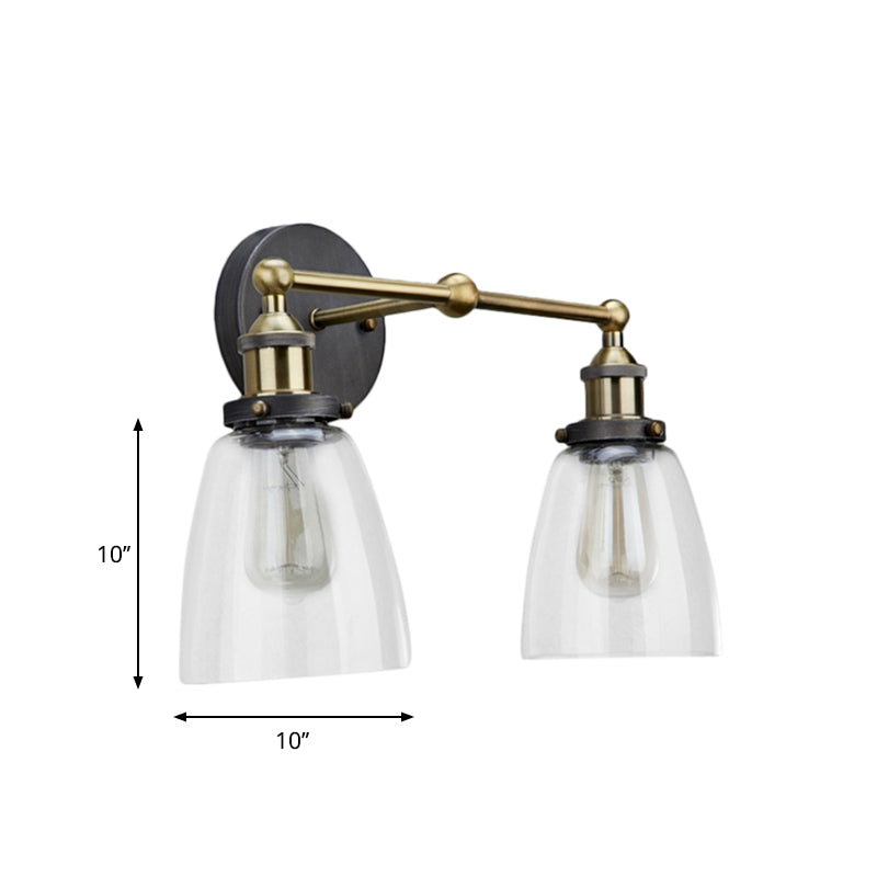 Avtoit | 2 Light Tapered Sconce Lighting Fixture Industrial Antique Brass Clear Glass Wall Lamp