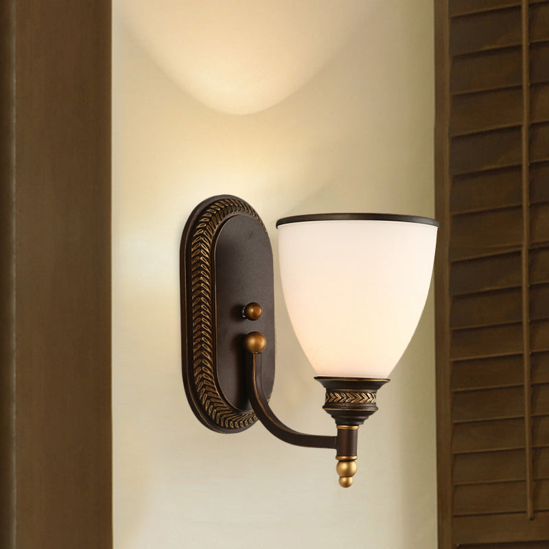 Avtoit | Bowl Shade Opal Glass Wall Mounted Lamp Rustic Single Bulb Bedroom Wall Lamp Light in Bronze