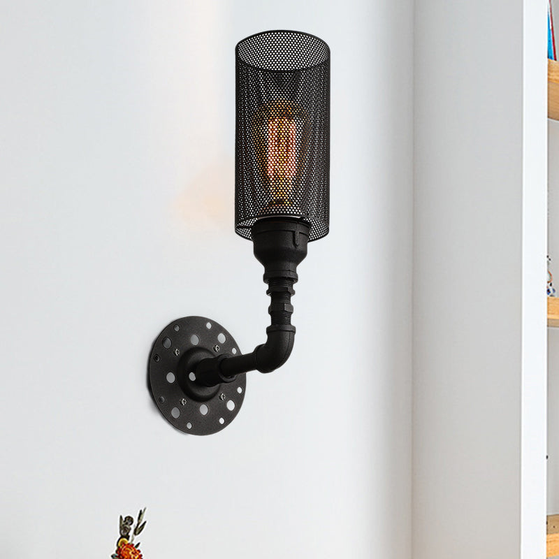 Avtoit | Metallic Cylinder Wall Lighting with Mesh Pattern Vintage Stylish 1 Light Restaurant Wall Mount Light in Black