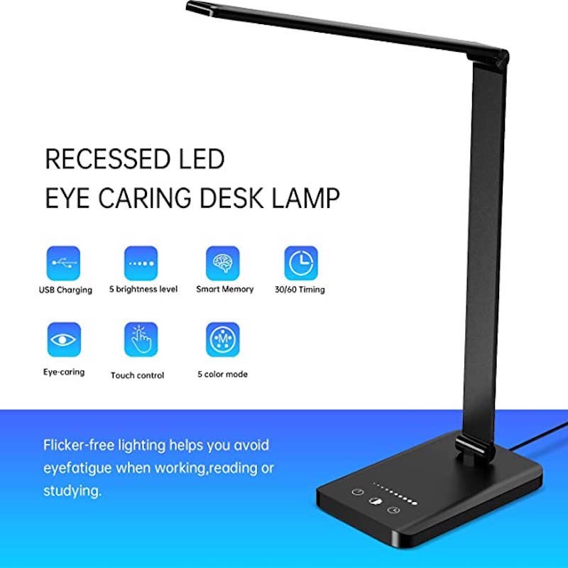 Avtoit | LED desk lamp with USB charging port, dimmable eye-friendly reading lamp for home, with 5 brightness levels & 3 light modes, touch control, auto timer (Black)