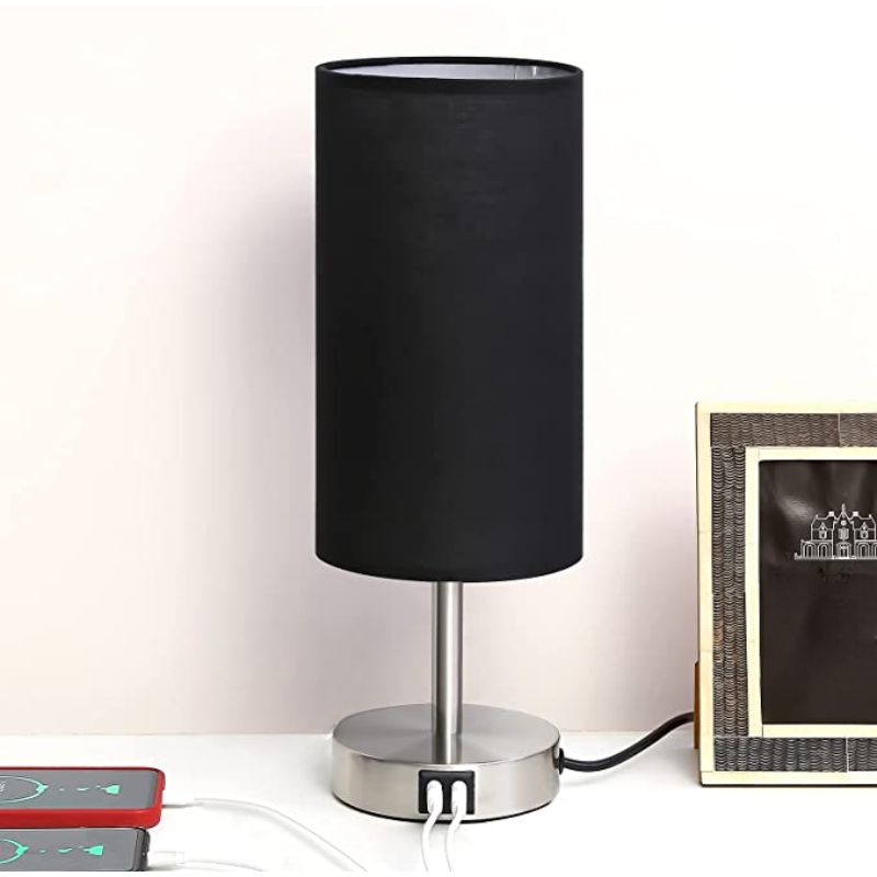 Avtoit | Lamp with USB connection Touch-Control Table Lamp for Bedroom Wood 3-stage dimmable Bedside Lamp with Round Linen Fabric Shade for Living Room, Student Dorm, Home Office